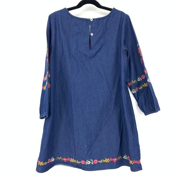Peek Girls Size Large 10 Chambray Embroidered Floral Dress Blue Long Sleeve - Picture 2 of 6